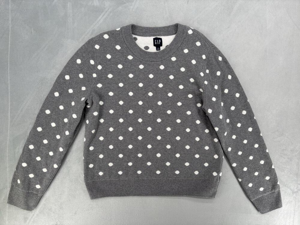 Gap Preppy Old Money L Gray Polka Dot Crewneck Long Sleeve Cotton Knit Sweater